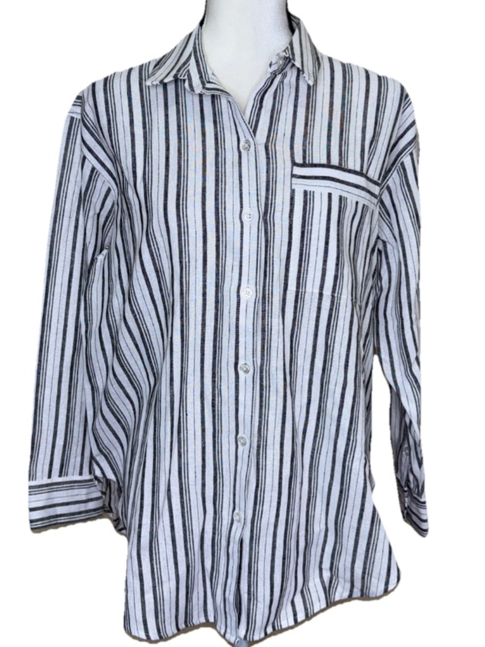 NINE WEST OVERSIZED LINEN BLEND BUTTON DOWN SHIRT TOP BLACK STRIPED NEW WOMEN’S